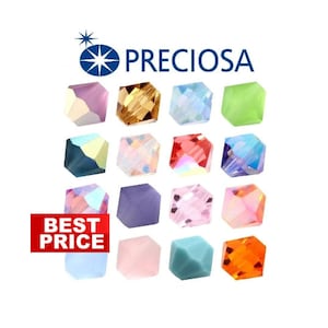 May include: A selection of multi-coloured, faceted crystal beads, including shades of pink, blue, and orange. The word "PRECIOSA" is above the beads, and the words "BEST PRICE" are in a red banner.