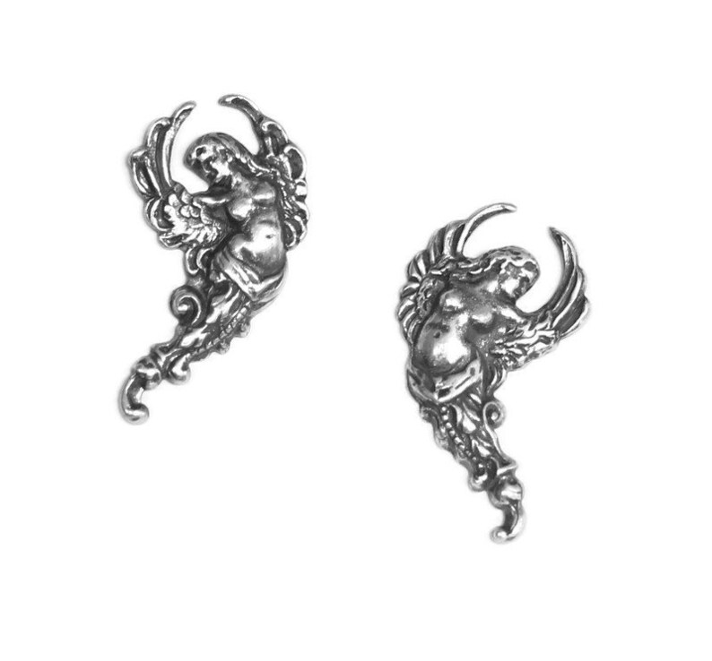 1pair--Cherub,Brass Stud Earrings B15-26 28x15mm Antique Silver
