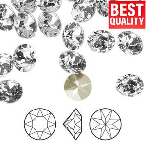 May include: A collection of clear, faceted gemstones on a white backdrop. The gemstones are oval and round, with one gold-coloured, round gemstone. The image also features line drawings of gemstone facets and the text "BEST QUALITY".