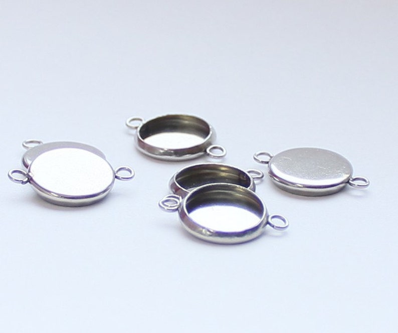 10pcs--Stainless Steel Connector Cabochon Setting 10 or 12mm Flat Round two loops B45-9