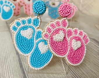 Gender Reveal Earrings, Baby Boy Baby Girl, Baby Shower Gift, New Mom present, Birth, Mother, Pink and Blue, Feet, Booties, Wearable Art,