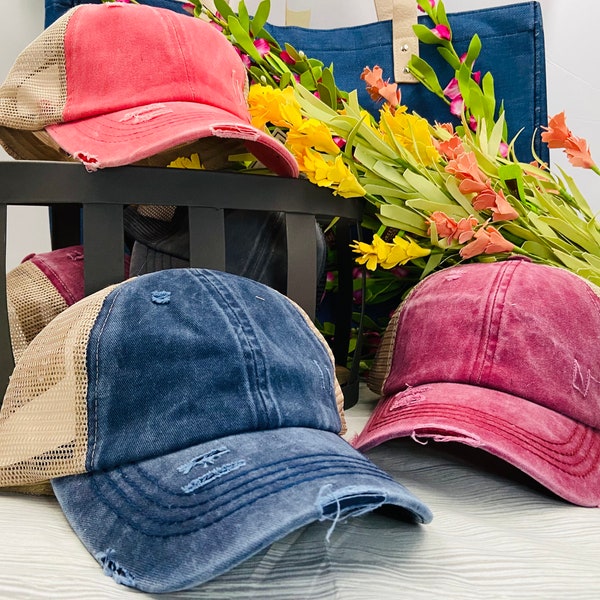 C.C Washed Denim with Crossed Elastic Band Mesh Pony Cap 100% Cotton, Adjustable Ball Cap, Messy Bun Hat, Distressed hat, criss cross back