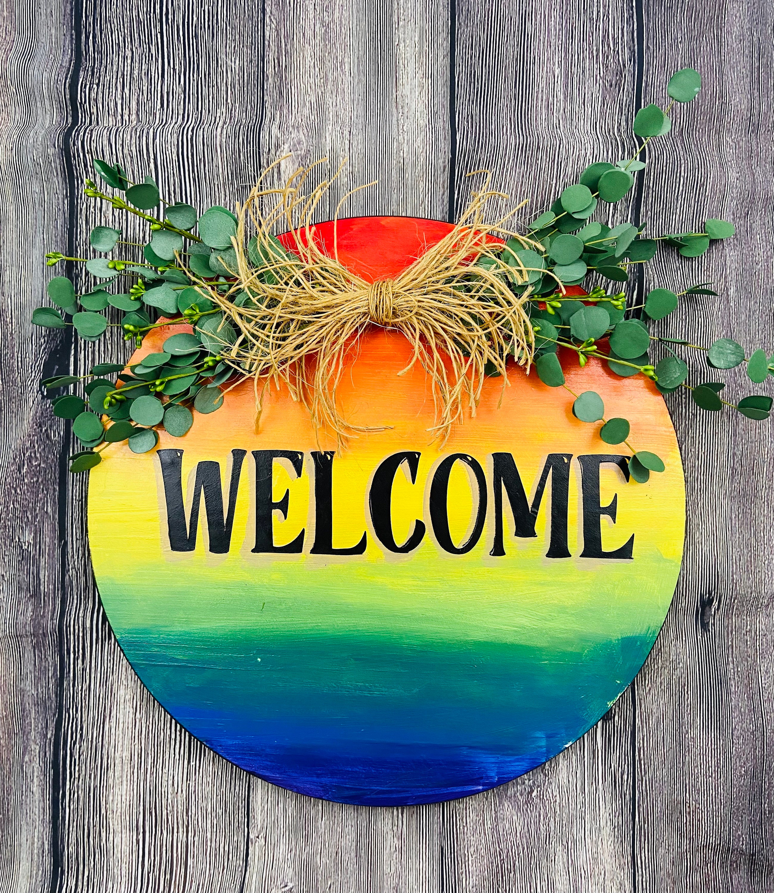 Rainbow Welcome Round Wooden Front Door Sign, Hanging, Porch-all