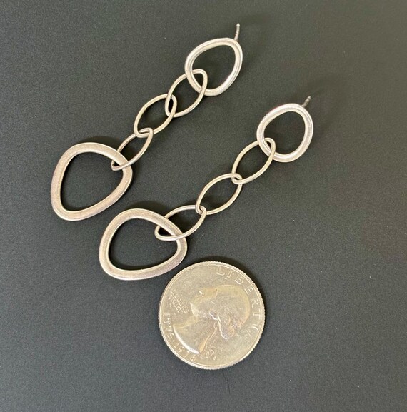 Post Modernist Sterling Silver Long Dangle Silver Abstract Hoop Link Earrings 1980s , 2 inch View 6