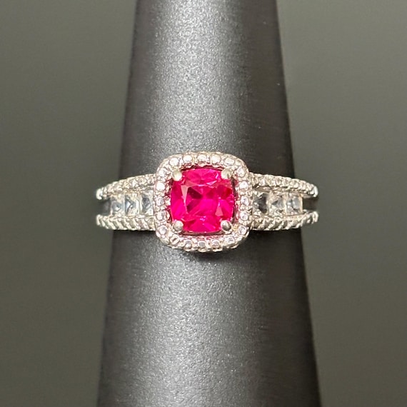 Estate Lab Created Cushion Cut Lab Ruby and Diamo… - image 1