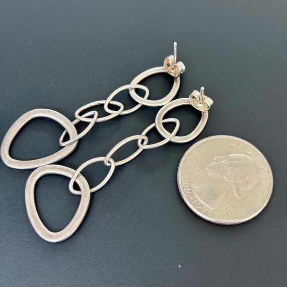 Post Modernist Sterling Silver Long Dangle Silver Abstract Hoop Link Earrings 1980s , 2 inch View 5