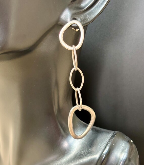 Post Modernist Sterling Silver Long Dangle Silver Abstract Hoop Link Earrings 1980s , 2 inch View 3