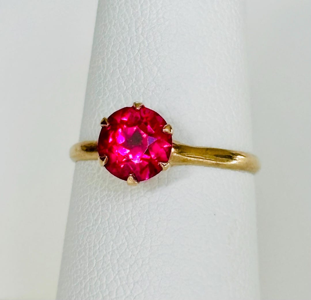 Edwardian 10k Yellow Gold Ruby Solitaire Ring , Round Flame Fusion ...