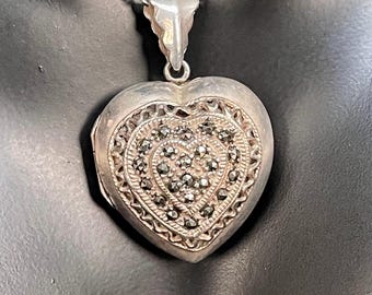 Vintage Art Deco Sterling Silver Heart Locket w Marcasite, 1 inch , Anniversary , Birthday, Bridal Valentines Gift , 925  Antique Locket