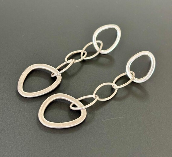 Post Modernist Sterling Silver Long Dangle Silver Abstract Hoop Link Earrings 1980s , 2 inch View 2