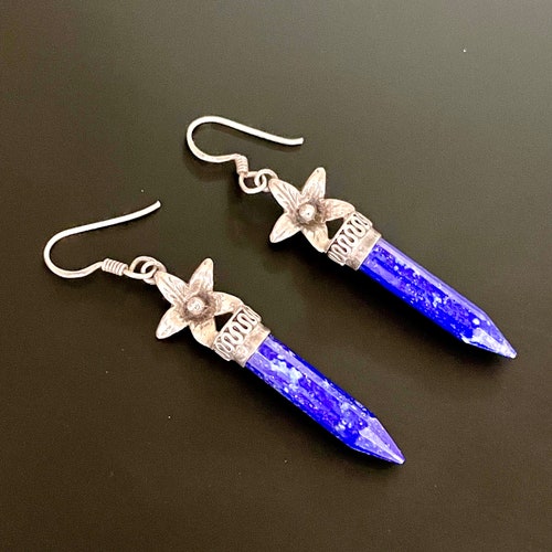 Antique Art Deco Blue Lapis and Sterling Silver Lily / Flower and Obelisk Design Earrings , 1.75” Long outlet Egyptian Revival Jewelry