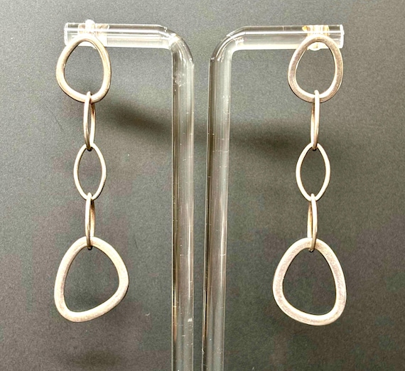 Post Modernist Sterling Silver Long Dangle Silver Abstract Hoop Link Earrings 1980s , 2 inch