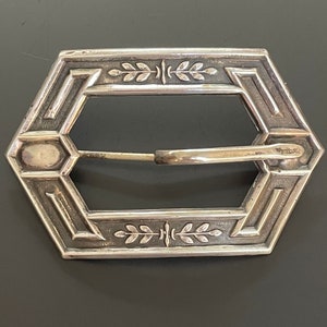 Large Edwardian Sterling Silver Sash Pin Brooch , Rectangular Buckle w C-Clasp , Victorian Silver Jewelry