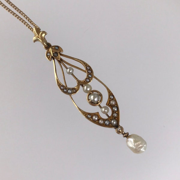 Victorian c.1890s 14K Yellow Gold & Seed Pearl Lavaliere Pendant w Pearl Drop on Antique 18” Chain , Vintage Bridal / Wedding Jewelry