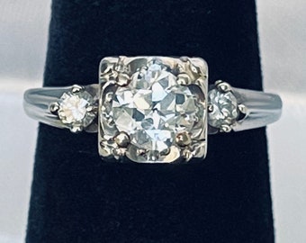 1920s Art Deco .75Ctw Round European Cut Diamond 14k White Gold Ring w .55Ct Solitaire w Accents Antique / Vintage Engagement Wedding