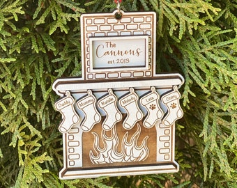 Personalized Family Fireplace Ornament | Engraved Wooden Christmas Stockings