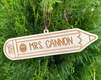 Personalized Teacher Pencil Ornament – Engraved Wood Gift