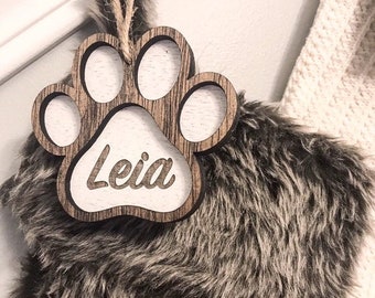 Personalized Pet Paw Print Wooden Stocking Tag, Dog Ornament