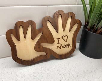 Wooden Handprint Keepsake: Engraved Child Handwriting Gift