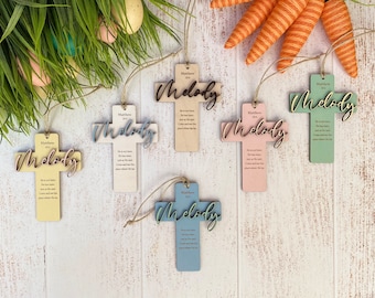 Personalized Wood Cross Easter Basket Tag: Engraved Bible Verse