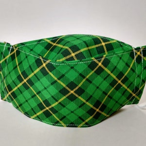 Green yellow Plaid Irish Tartan St. Patrick&#39;s Day 3d fitted facemask 100% cotton adjustable elastic ear loops washable reusable choose size