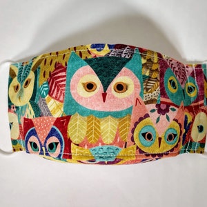 Owl collage colorful different species 3d two-layer 100% cotton fitted facemask adjustable elastic ear loops washable reusable choose size