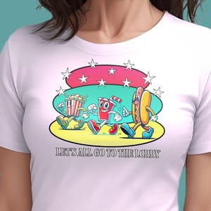 Funny Let&#39;s All Go To The Lobby T-Shirt, Cute Vintage Theater Snack Characters Tee, Retro Movie T-Shirt For Film Lovers