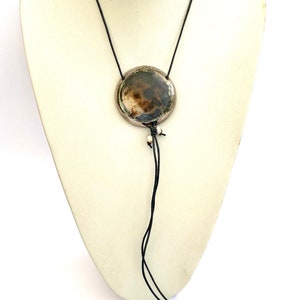Ceramic pendant. Unique smoke-fired round adjustable necklace with silver lustre. Special gift. image 7