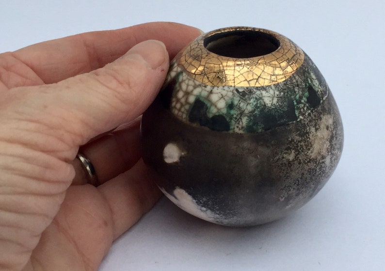 Small smoke fired ceramic pot with gold special gift.