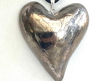 Large silver heart pendant with an adjustable cotton cord. Gift for a special one.