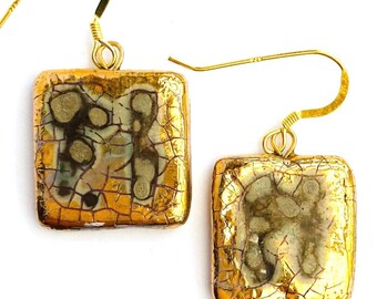 Square porcelain gold lustre earrings, special gift for friend.