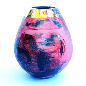 Red smoke-fired ceramic pot with gold lustre. special gift or enhance a contemporary interior. image 2