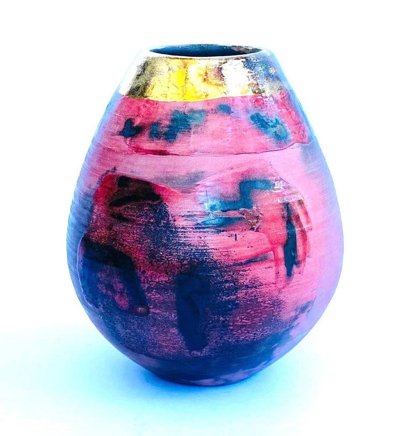 Red smoke-fired ceramic pot with gold lustre. special gift or enhance a contemporary interior. image 2