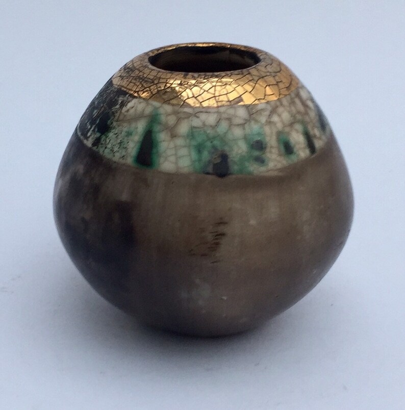 Small smoke fired ceramic pot with gold special gift.