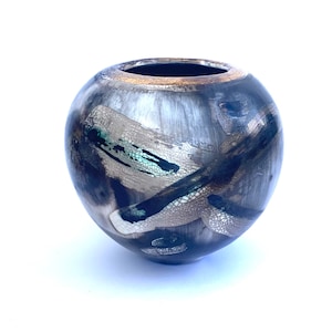 Ceramic pot with gold lustre and glazes. Smokefired in sawdust. Gift for a special friend. Great for contemporary interiors.