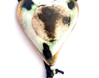 Ceramic heart pendant, smoke-fired in sawdust. Unique special gift.