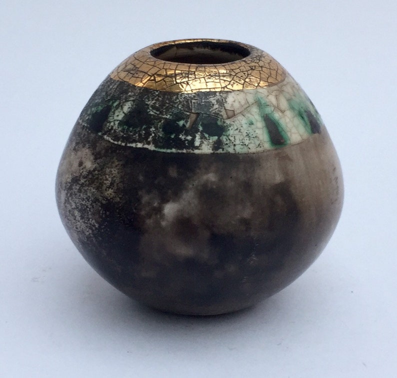 Small smoke fired ceramic pot with gold special gift.