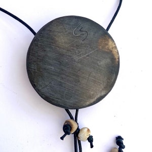 Ceramic pendant. Unique smoke-fired round adjustable necklace with silver lustre. Special gift. image 9