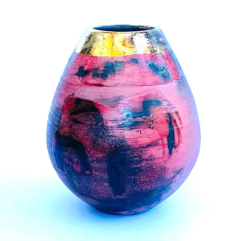 Red smoke-fired ceramic pot with gold lustre. special gift or enhance a contemporary interior. image 7
