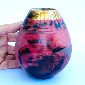 Red smoke-fired ceramic pot with gold lustre. special gift or enhance a contemporary interior. image 5