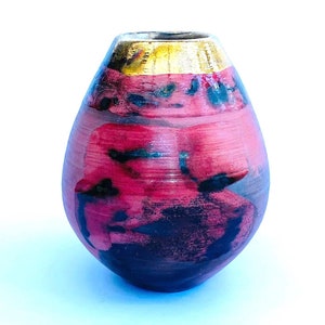 Red smoke-fired ceramic pot with gold lustre. special gift or enhance a contemporary interior. image 1