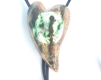 Large gold heart porcelain pendant. Ceramic gold heart necklace. Gift for a special friend.