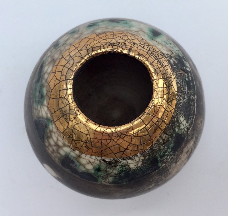 Small smoke fired ceramic pot with gold special gift.
