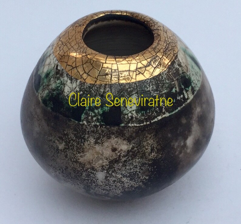 Small smoke fired ceramic pot with gold special gift.