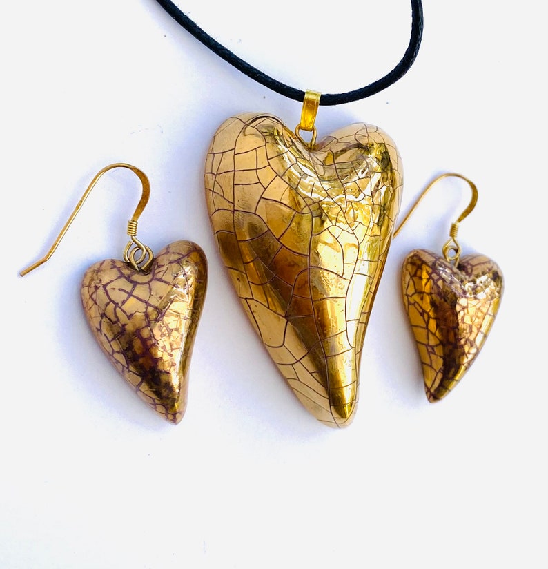 Gold heart pendant, gold heart earring set, gold heart necklace with matching heart earrings. Special birthday gift. image 3