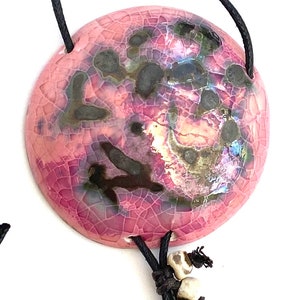 Statement pink round ceramic pendant. Thoughtful gift.