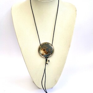 Ceramic pendant. Unique smoke-fired round adjustable necklace with silver lustre. Special gift. image 8