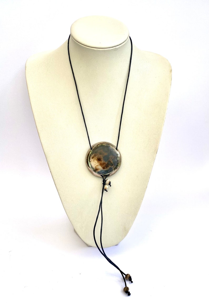 Ceramic pendant. Unique smoke-fired round adjustable necklace with silver lustre. Special gift. image 8