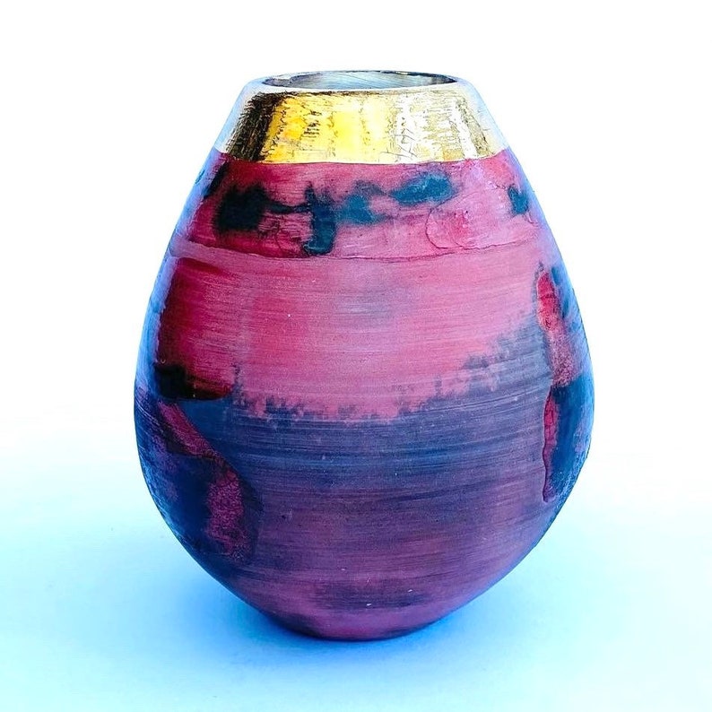 Red smoke-fired ceramic pot with gold lustre. special gift or enhance a contemporary interior. image 3