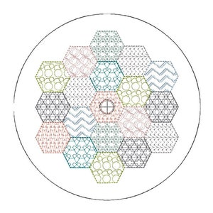 Op de afbeelding: Een rond spelbord met een zeshoekig rasterpatroon. Het midden van het bord heeft een kleine cirkel met een kruis erin. De zeshoeken zijn gevuld met verschillende patronen, waaronder cirkels, zigzaglijnen en stippen. De zeshoeken zijn in tinten blauw, groen, geel en rood.